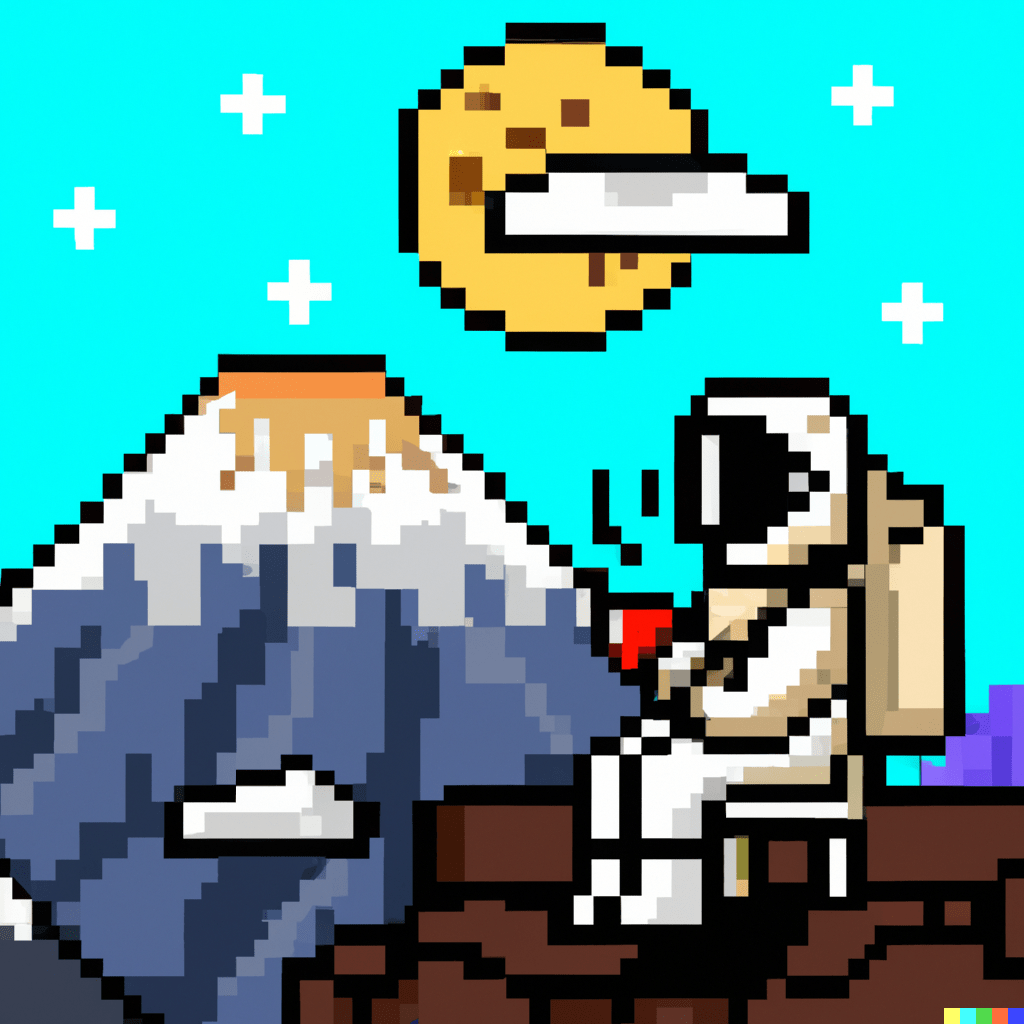 DALL·E 2023-10-30 16.15.13 - an astronaut drinkin coffee  in the mountain fuji pixel art.png