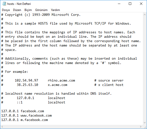 windows 10 hosts dosyasi duzenlenmis