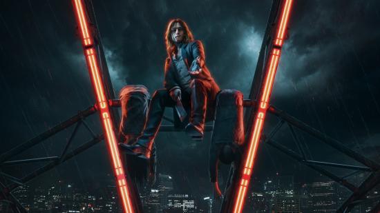 a vampire sat upon a neon construction with a butcher's knife's knife