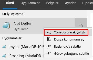 Notepad yönetici olarak çalıştırma